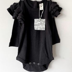 Kate Quinn organic cotton long sleeve ruffles bodysuit black pointelle onesie